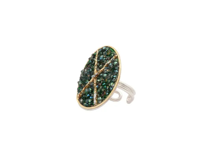 Bague Stella X en argent et or avec croix en émail diamanté sur cristal vert