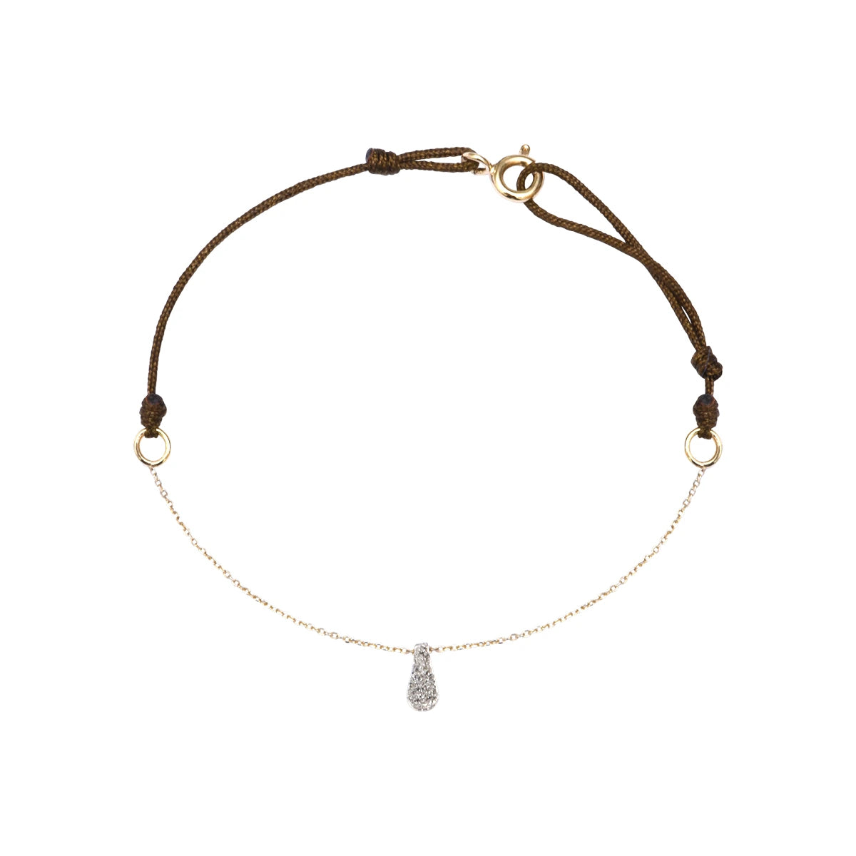 Bracelet AURA 1 Lsonge, chaîne or 9 carats, goutte en argent et micro diamants, cordon taupe ajustable