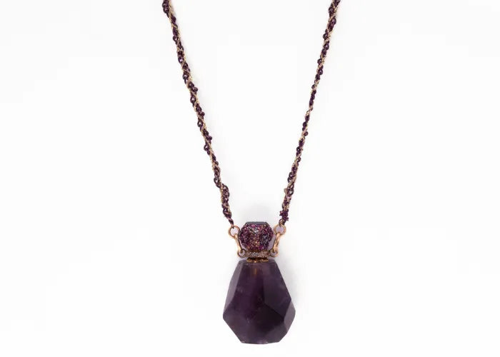 Collier fiole en améthyste violette avec bouchon scintillant