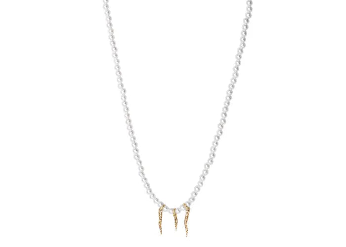 Collier perles blanches avec pendentifs tentacules dorés, modèle petit de la collection Lsonge