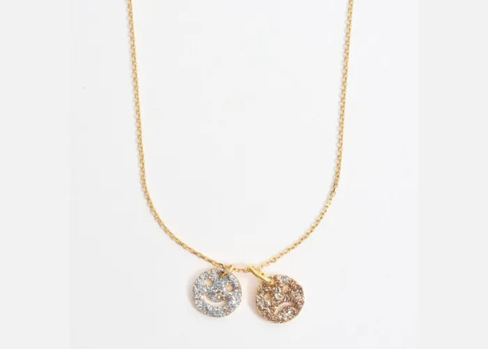 Collier double smiley avec visages happy et boudeur en émail diamanté, plaqué or