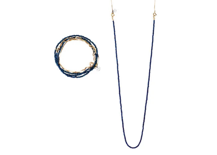 Ensemble Inara bleu nuit avec perles foncées et détails dorés